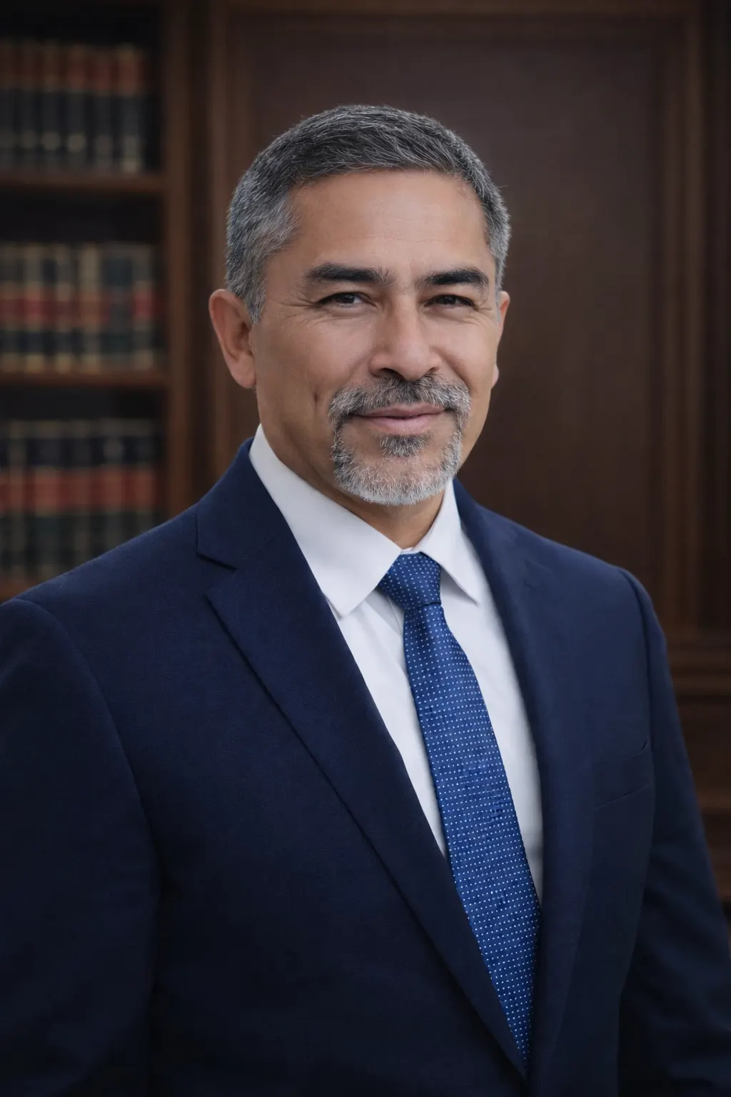 Hombre con expresion formal pero amigable posando en una oficina o despacho de abogados