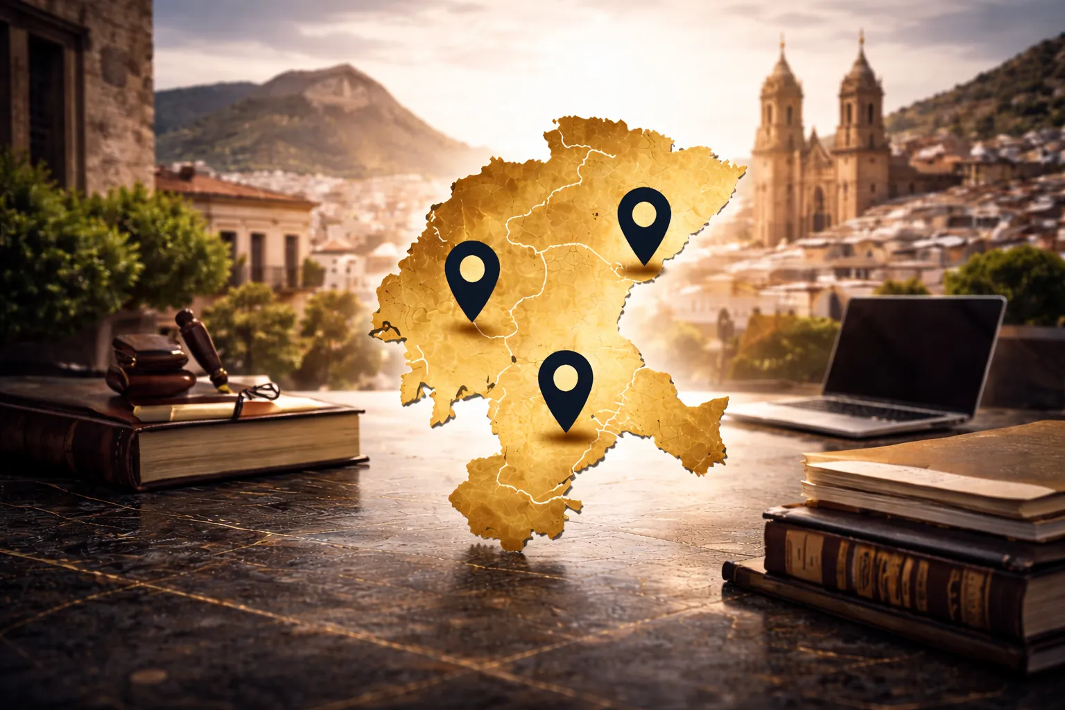 mapa dorado del estado de Zacatecas con fondo de la ciudad de Zacatecas