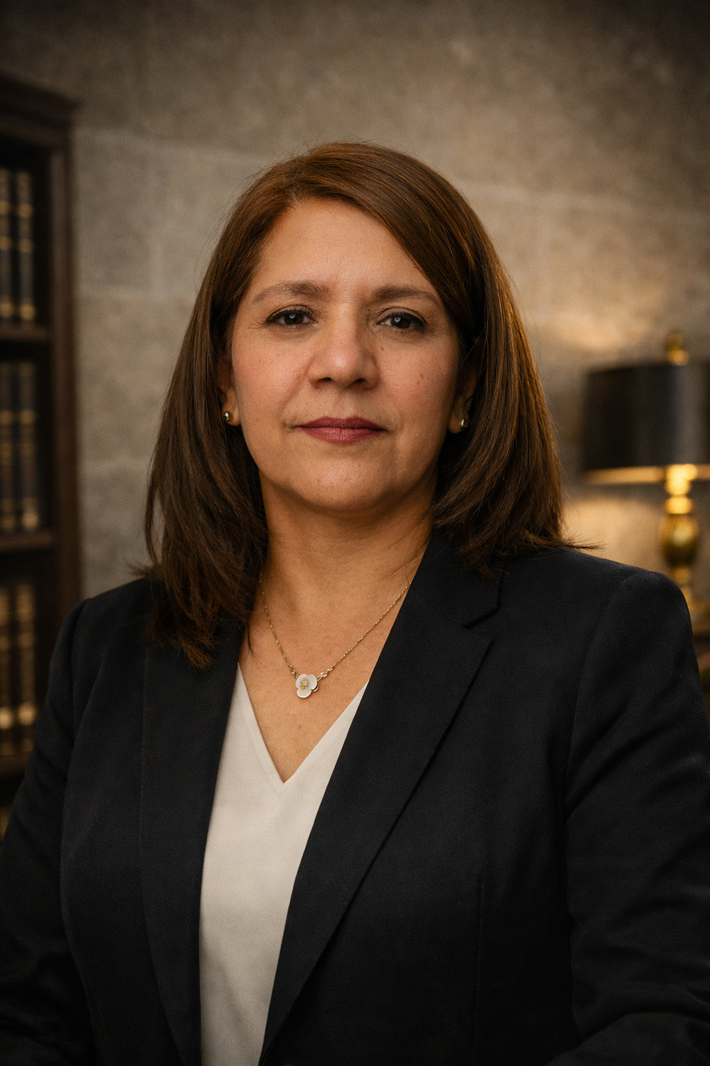 Mujer con expresion formal en oficina o despacho juridico 